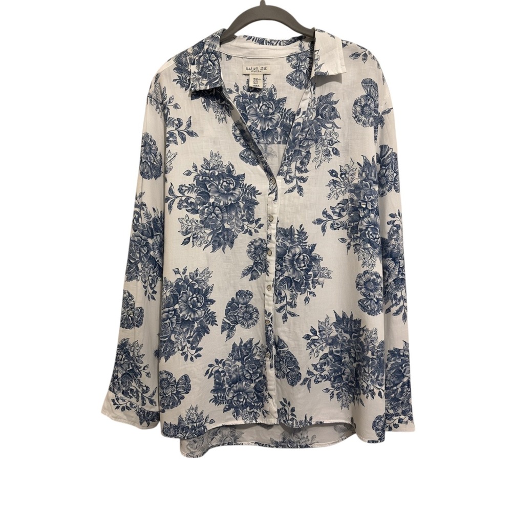 Rachel Zoe Linen Button Down Shirt Women's XL White Blue Floral Coastal Beachy